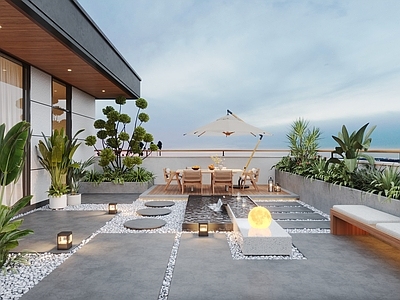 现代屋顶花园 现代屋顶花园 庭院水景 户外餐桌 伞座