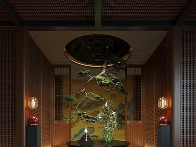 新中式现代酒店大堂 新中式酒店大厅 装置艺术 悬挂树 水晶石