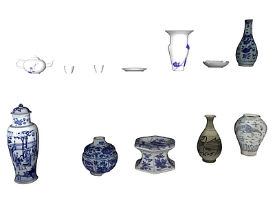 中古中式摆件组合 古代瓷器 青花瓷 瓷器摆件