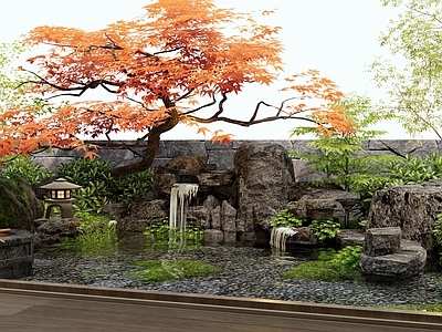新中式假山水景 水景 假山 红枫 植物堆 灌木