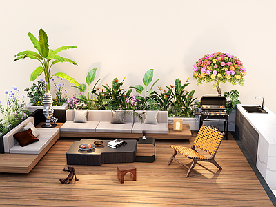 植物组合 现代花池植物花箱 植物堆 户外沙发 操作台 烧烤架