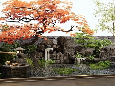 日式假山水景 水景 假山 景观石头 红枫 灌木
