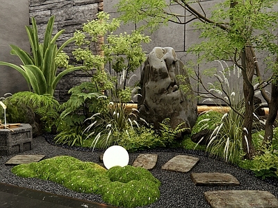 植物堆 灌木 景观树 下沉庭院花园 汀步 苔藓景观