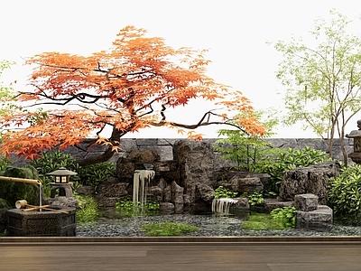 新中式庭院 假山水景 跌水景观 灌木 植物造景 水钵