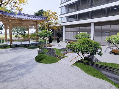 现代新中式屋顶花园 中庭景观 办公区中庭 办公区景观