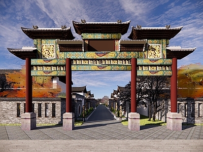 中式古建筑 古建景区入口 古建筑群