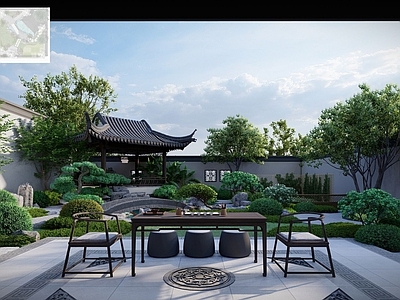 新中式中式别墅庭院 苏式庭院 中式园林 中式廊架 曲水流觞 室外茶室