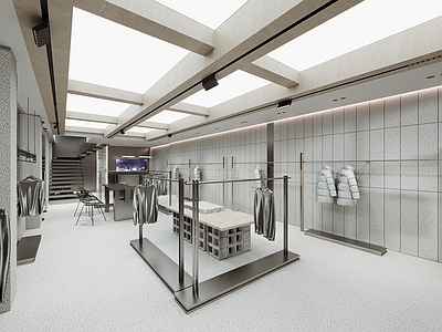 现代极简服装店 女装店 鞋店 男装店 流水台展台 悬浮楼梯间造景