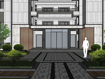 现代轻奢小区建筑 单元门头 住宅大门 单元大堂 轻奢大堂 豪宅