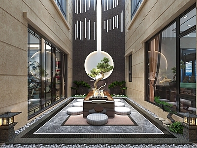中式新中式庭院 别墅庭院 中式庭院植物 中式庭院小品 中式茶桌椅 中式庭院背景墙