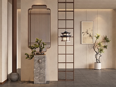 新中式隔断 绿植盆景 雕塑 玄关隔断 隔断