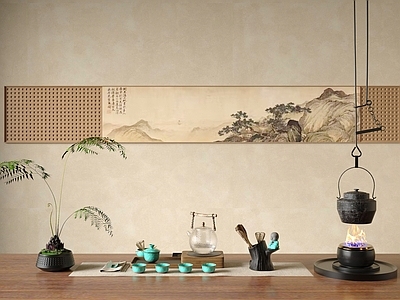 茶具 茶壶 铁艺煮茶炉 花瓶蕨类盆景 茶杯 茶具
