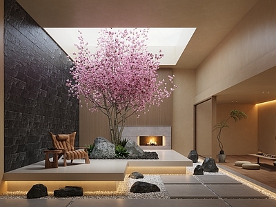 新中式庭院 新中式天井庭院 樱花树 景观石 壁炉