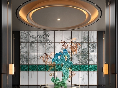 新中式酒店大堂 新中式酒店大厅 玻璃艺术装置