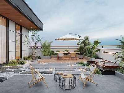 现代屋顶花园 现代屋顶花园 水景 水池 户外餐桌 休闲椅