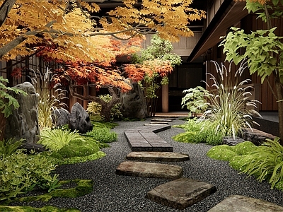 日式禅意庭院 中庭庭院景观 老石板路 汀步 红枫 植物造景
