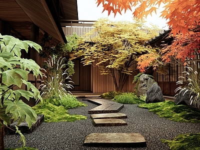 新中式庭院 景观树 植物造景 苔藓 景观石头 石板