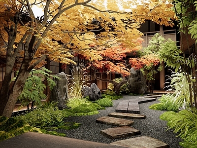 日式禅意庭院 景观树 植物景观 石板路 景观石头 苔藓景观