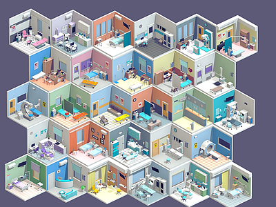 现代医院 卡通医院房间 卡通B超室 化验科 X射线科 外科内科医生办公 病房急救室牙科分