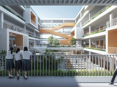 现代简约学校建筑 教学楼 内庭院 中庭 庭院景观 外走廊