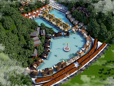 复古中古风格建筑 东南亚民宿水街 山地民宿