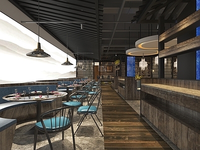 新中式中式中餐厅 餐馆散座区 饭馆卡座区 餐馆圆形卡座 餐馆碗碟柜 饭馆就餐区