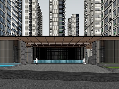 现代新中式小区建筑 社区大堂 小区出入口 单元门头 高层住宅 豪宅社区