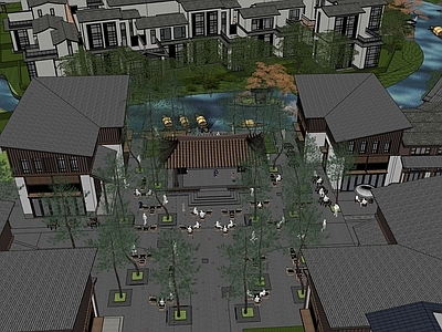 现代新中式商业景观 城市更新商业街景 示范区景观 中式建筑廊架