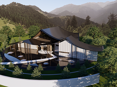新中式现代古建筑 新中式建筑 美术馆 山水别墅民宿 古建筑
