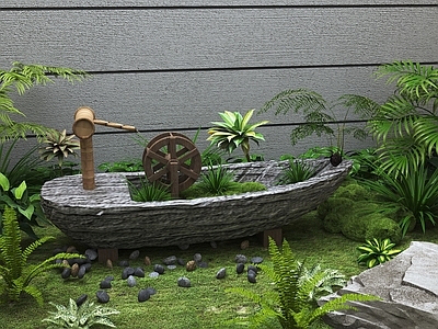 现代新中式水景 现代流水摆件 庭院水景 庭院创意水景 船形花坛流水景观