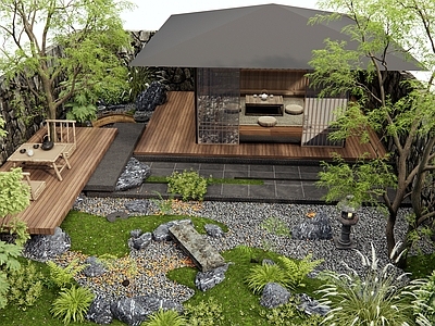 日式新中式庭院 乡村庭院 民宿庭院 亭子 茶桌椅 枯山石微地形