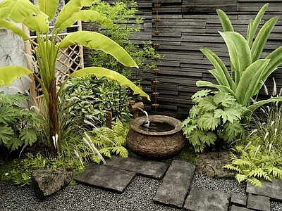 日式新中式室内景观 水钵 植物堆 汀步 花草 灌木