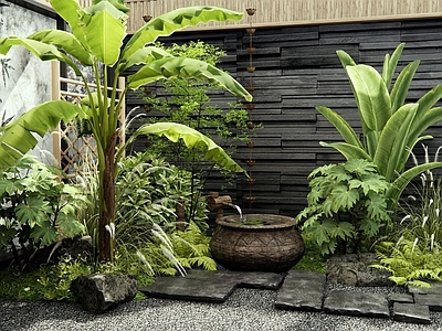 植物堆 庭院一角微景观 水钵 石板汀步 植物造景 灌木花草