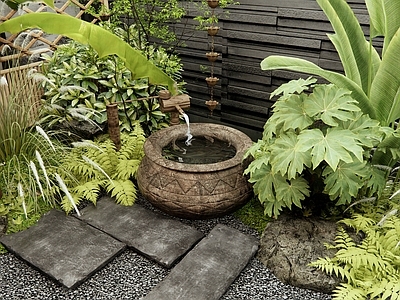 新中式日式假山水景 水钵 水景 植物堆 石板汀步 花草灌木