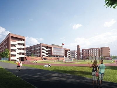 现代简约学校建筑 红砖学校 中小学 学校操场 教学楼学校 体育馆