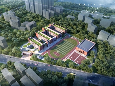 现代简约学校建筑 学校操场 教学楼学校 中小学 体育馆 红砖学校