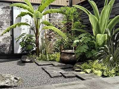新中式日式室内景观 天井 植物堆 石板汀步 水钵 植物造景