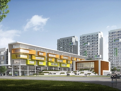 现代简约学校建筑 教学楼学校 中小学 实验中学 学校操场 现代学校建筑