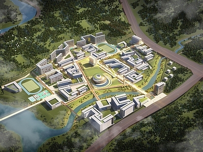 现代简约学校建筑 教学楼学校 学校操场 校园规划 大学 学校湖景