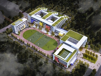 现代简约学校建筑 教学楼学校 学校操场 中小学 校园建筑 校门