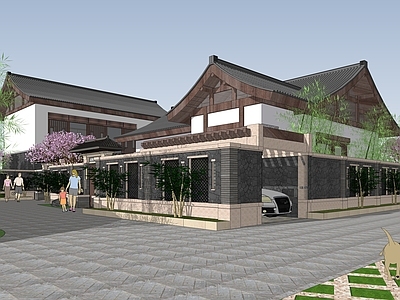 新中式现代民宿建筑 平地民宿建筑 民宿庭院