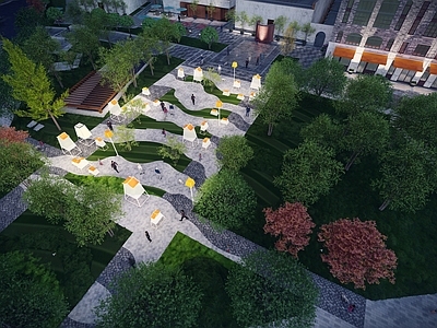 现代极简口袋公园 夜景公园 口袋公园 街角绿地 露营地
