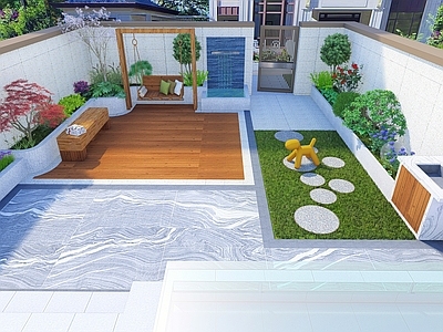 新中式现代庭院小品 水景 绿化 小品 坐凳