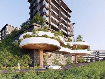 现代小区建筑 堡坎 垂直绿化