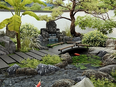日式新中式水景 自然溪流水景 假山水景 庭院花园 石桥 石板
