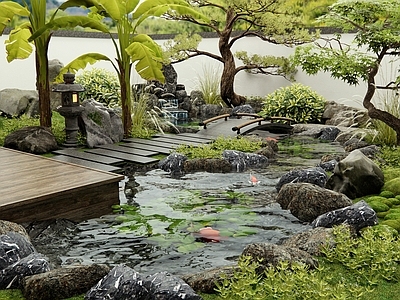 现代新中式假山水景 溪流水景 鱼池 景观石头 植物景观 庭院花园