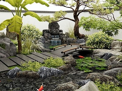 现代假山水景 溪流水景 庭院花园 景观树 灌木 景观石头