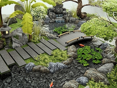 现代庭院 自然溪流水景 假山水景 石板路 灌木植物 景观石头