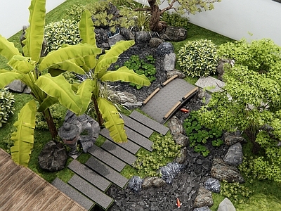 新中式庭院 别墅庭院 溪流水景 假山水景 景观树 植物堆