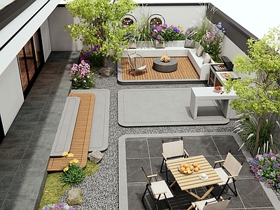 现代别墅庭院 花草植物 景观座椅 户外桌椅 户外操作台 景观树